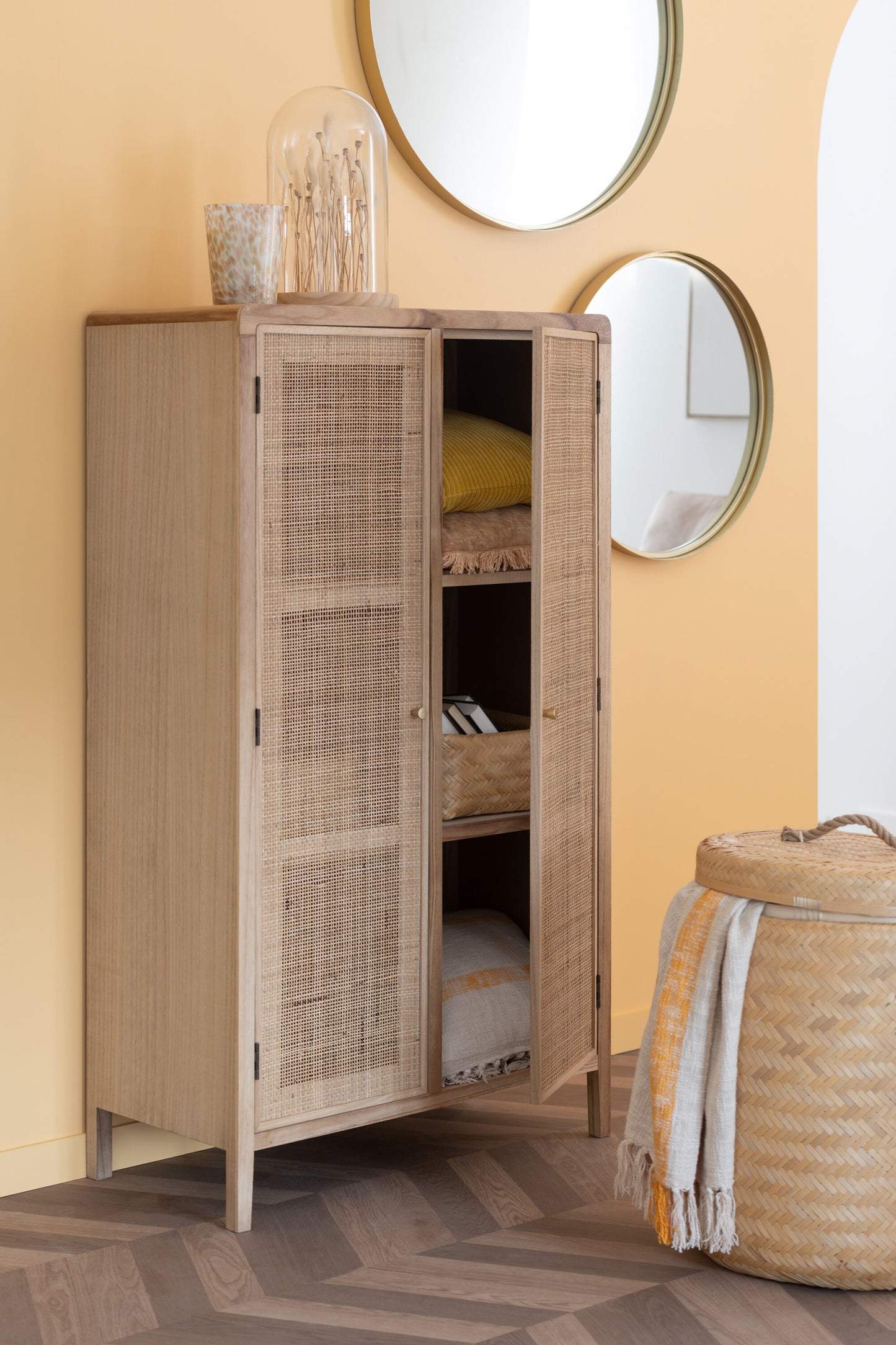 Armoire 2 Portes Bois/Rotin Naturel