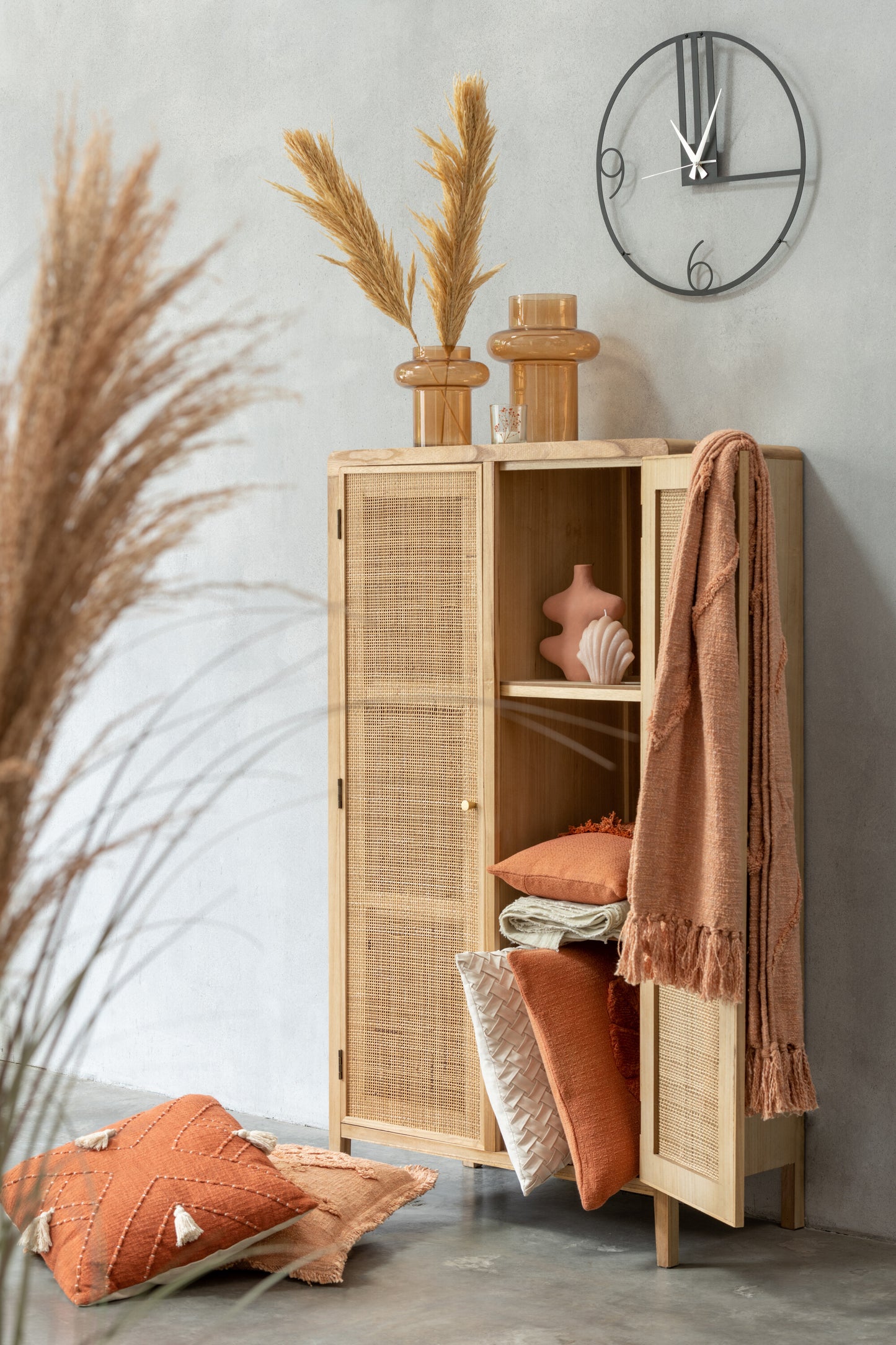 Armoire 2 Portes Bois/Rotin Naturel