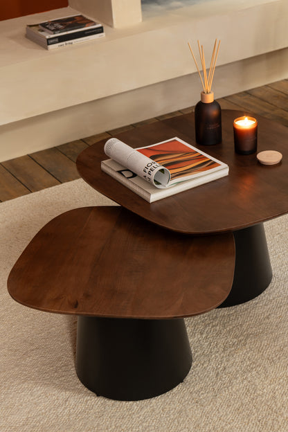 Set De 2 Table D'appoint Carré Bois De Manguier Marron Foncé - Noir